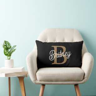Moderne Elegante Monogram Naam Zwarte Gouden Schr Kussen
