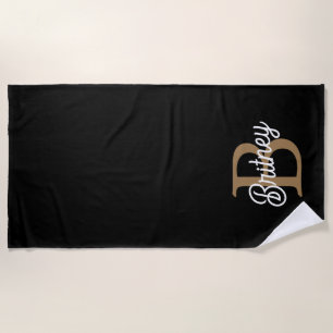 Moderne Elegante Monogram Naam Zwarte Gouden Schr Strandlaken