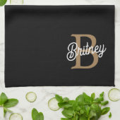 Moderne Elegante Monogram Naam  Zwarte Gouden Schr Theedoek (Gevouwen)