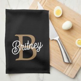 Moderne Elegante Monogram Naam  Zwarte Gouden Schr Theedoek