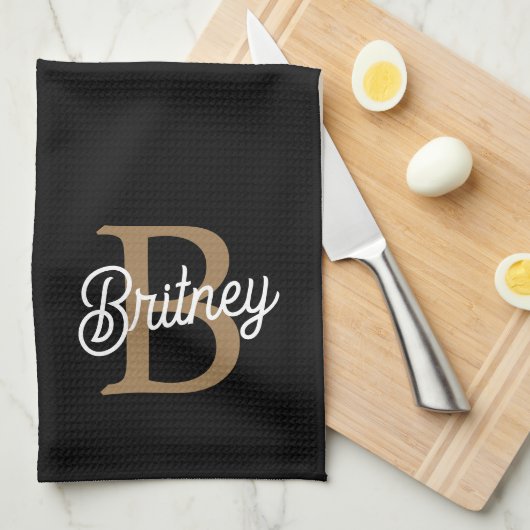 Moderne Elegante Monogram Naam  Zwarte Gouden Schr Theedoek (Quarter Fold)