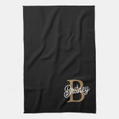 Moderne Elegante Monogram Naam  Zwarte Gouden Schr Theedoek (Verticaal)