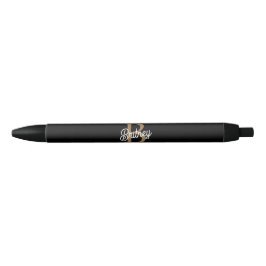Moderne Elegante Monogram Naam  Zwarte Gouden Schr Zwarte Inkt Pen