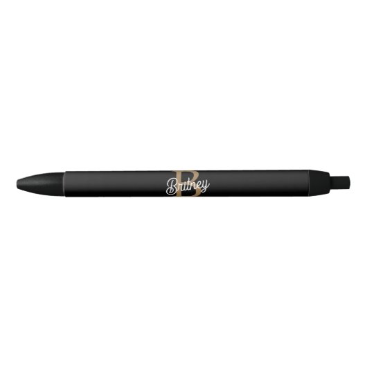 Moderne Elegante Monogram Naam  Zwarte Gouden Schr Zwarte Inkt Pen (Voorkant)