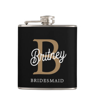 Moderne Elegante Monogram Naam Zwarte Gouden Schri Heupfles