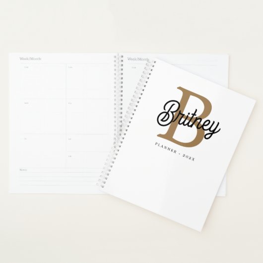 Moderne Elegante Monogram Naam Zwarte Gouden Scrip Planner (Display)