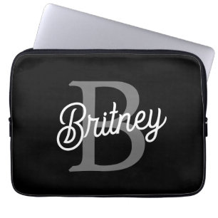 Moderne Elegante Monogram Naam Zwarte Grijze Schr Laptop Sleeve