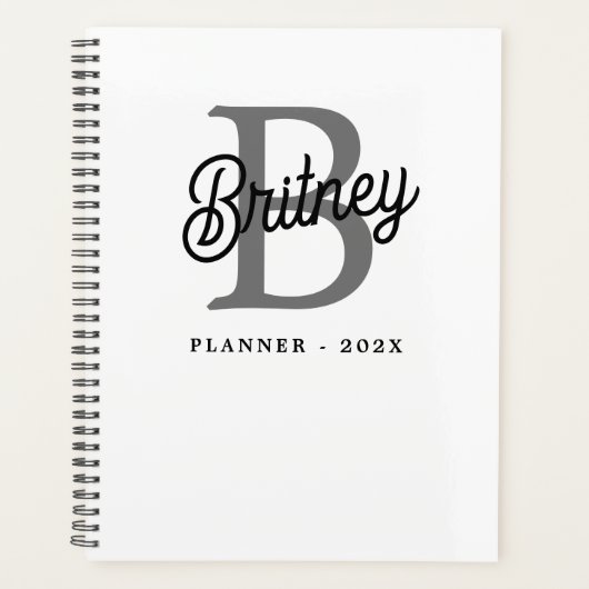 Moderne Elegante Monogram Naam  Zwarte Grijze Schr Planner (Voorkant)