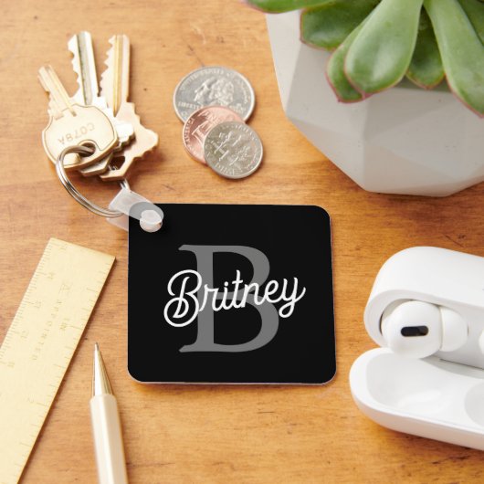 Moderne Elegante Monogram Naam Zwarte Grijze Schr Sleutelhanger (Bureau)