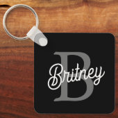 Moderne Elegante Monogram Naam Zwarte Grijze Schr Sleutelhanger (Voorkant)