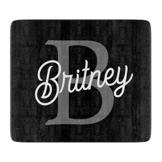 Moderne Elegante Monogram Naam Zwarte Grijze Schr Snijplank (Voorkant)