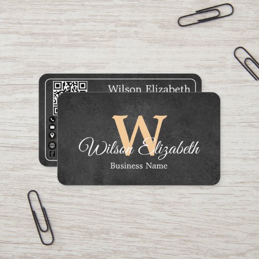Moderne elegante monogram QR-code visitekaartjes (Voorkant / Achterkant in situ)