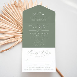 Moderne Elegante Monogram Sage Groene Trouwdag All In One Uitnodiging