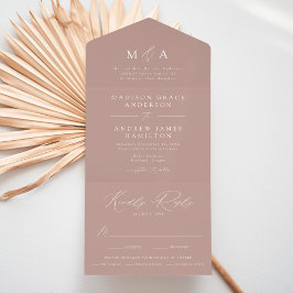 Moderne Elegante Monogram Stof Roze Trouw All In One Uitnodiging
