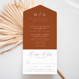Moderne Elegante Monogram Terracotta Bruiloft All In One Uitnodiging