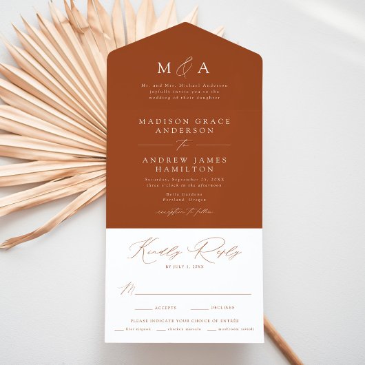 Moderne Elegante Monogram Terracotta Bruiloft All In One Uitnodiging