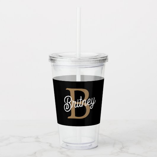 Moderne Elegante Monogramnaam Zwart Goud Schrift Acryl Drinkbeker (Voorkant)