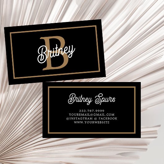Moderne Elegante Monogramnaam Zwart Gouden Schrift Visitekaartje