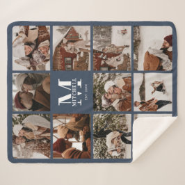 Moderne Elegante Multi Photo Collage Marine Blauw Sherpa Deken