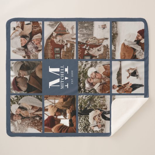 Moderne Elegante Multi Photo Collage Marine Blauw Sherpa Deken (Voorkant (horizontaal))