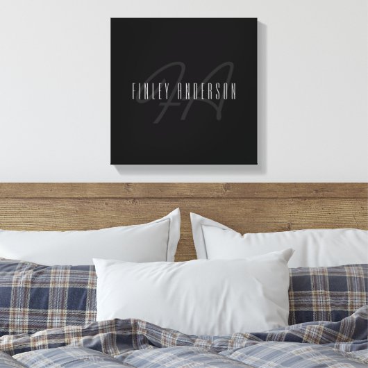 Moderne Elegante Naam & Monogram | Donkergrijs en  Canvas Afdruk (Insitu (Slaapkamer))