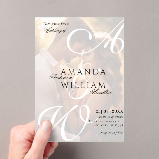 Moderne Elegante Namen Script Foto Bruiloft Acryl Uitnodigingen (Insitu (Draagbaar))