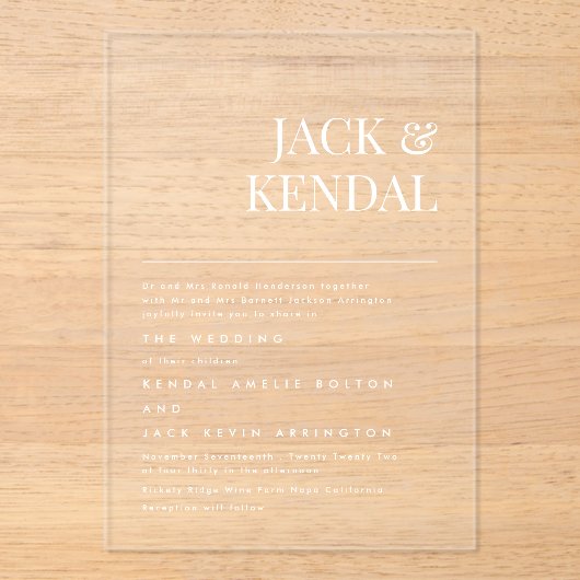 Moderne Elegante Namen Trouwen Acryl Uitnodigingen (Voorkant)