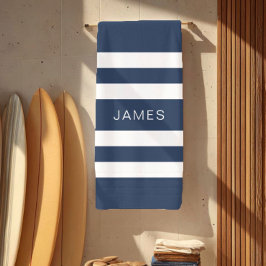 Moderne Elegante Navy Blauwe Strepen Patroon Naam Strandlaken