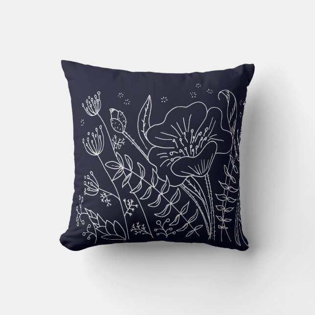 Moderne Elegante Navy Blauwe Witte Bloemen Kussen (Voorkant)
