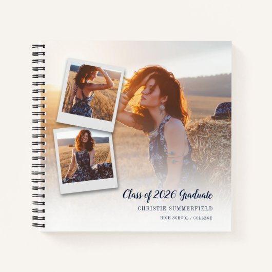 Moderne Elegante Navy Script Foto Afstudeer Gast Notitieboek (Voorkant)