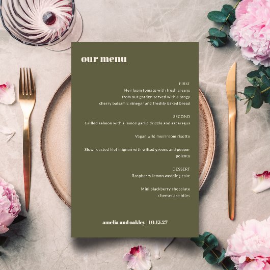 Moderne Elegante Olijfgroene Aangepaste Trouwmenu
