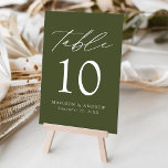 Moderne Elegante Olijfgroene Bruiloft Kaart<br><div class="desc">Trendy, minimalistische bruidstafel nummerkaarten met witte moderne letters met "Tafel" in een modern kalligrafie script. Het ontwerp heeft een olijfgroene achtergrond of kleur naar keuze. Het ontwerp herhaalt zich op de achterkant. Om de lijstkaarten te bestellen: voeg jouw namen, huwelijksdatum, en lijstaantal toe. Voeg elk nummer afzonderlijk toe aan je...</div>