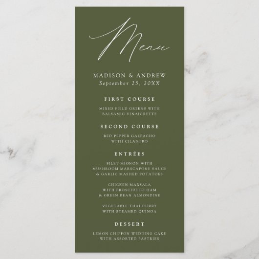 Moderne Elegante Olijfgroene Bruiloft Menu (Voorkant)
