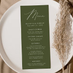 Moderne Elegante Olijfgroene Bruiloft Menu<br><div class="desc">Eenvoudig en elegant huwelijksmenu met "Menu" weergegeven in een modern wit script met een olijfgroene achtergrond of kleur naar keuze. Personaliseer het olijfgroene huwelijksmenu door uw namen,  trouwdatum en menugegevens toe te voegen. Ontworpen om te coördineren met ons Modern Elegance bruiloft collectie.</div>