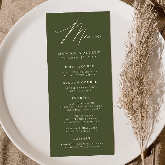 Moderne Elegante Olijfgroene Bruiloft Menu