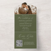 Moderne Elegante Olijfgroene Foto Bruiloft All In One Uitnodiging (Binnen)