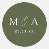 Moderne Elegante Olijfgroene Monogram Bruiloft Ronde Sticker (Voorkant)