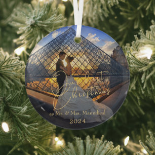 Moderne elegante onze eerste kerst meneer mevrouw  glas ornament