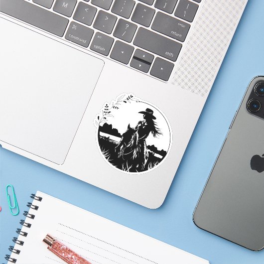 Moderne Elegante Paard Cowgirl Westerse Equestrian Sticker (Laptop met iPhone)