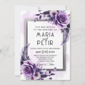 Moderne, elegante Paarse en zilveren bloemenbruilo Kaart (Voorkant)