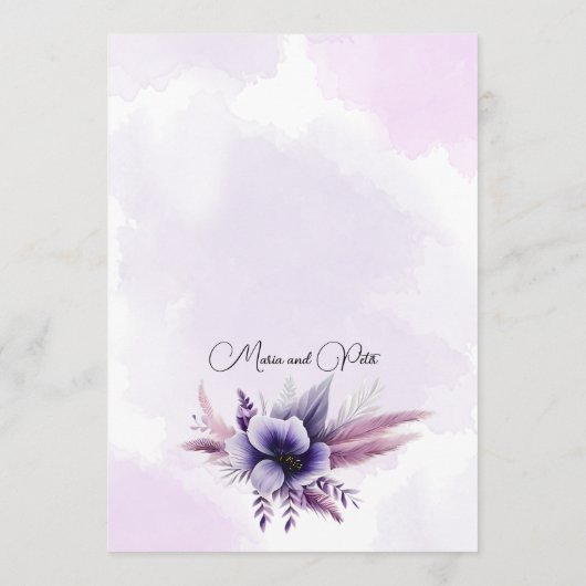 Moderne, elegante Paarse en zilveren bloemenbruilo Menu (Achterkant)