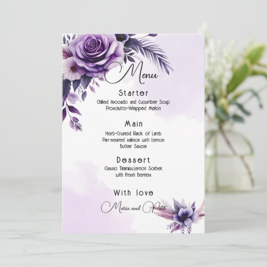 Moderne, elegante Paarse en zilveren bloemenbruilo Menu (Staand voorkant)