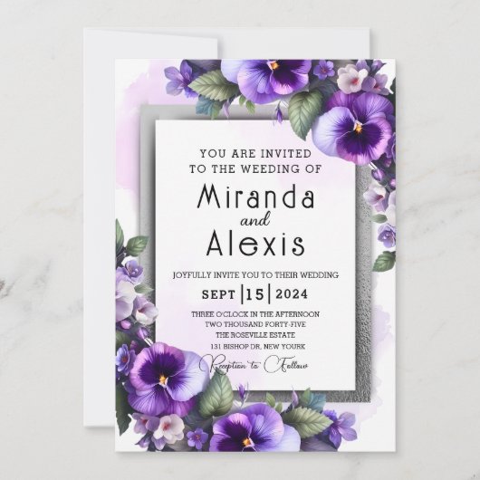 Moderne, elegante Paarse en zilveren viooltjes bru Kaart (Voorkant)