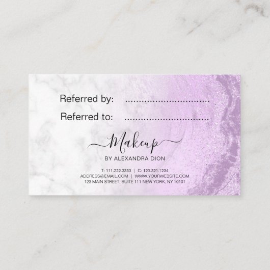 Moderne, elegante paarse glitter marble make-up ku aanbevelingskaartje (Achterkant)