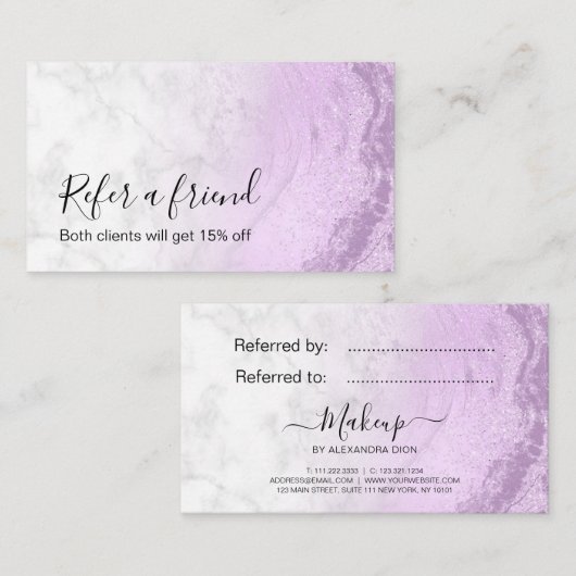 Moderne, elegante paarse glitter marble make-up ku aanbevelingskaartje (Voorkant / Achterkant)