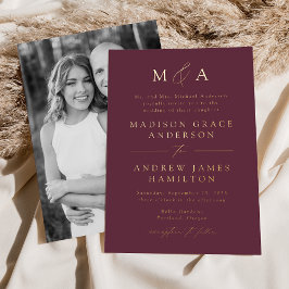 Moderne Elegante Paarse Gouden Monogram Foto Bruil Folie Uitnodiging