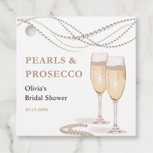 Moderne Elegante Parels & Prosecco Bruidsmeisje Fe Bedankjes Labels (Voorkant)