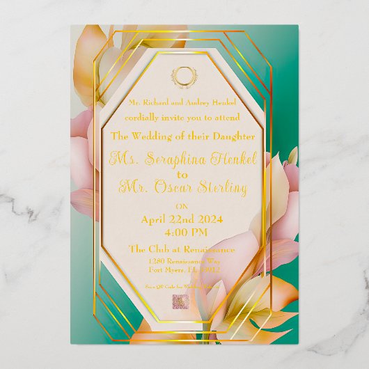 Moderne Elegante Pastel Blauw en Roze Bruiloft Folie Uitnodiging (Voorkant)