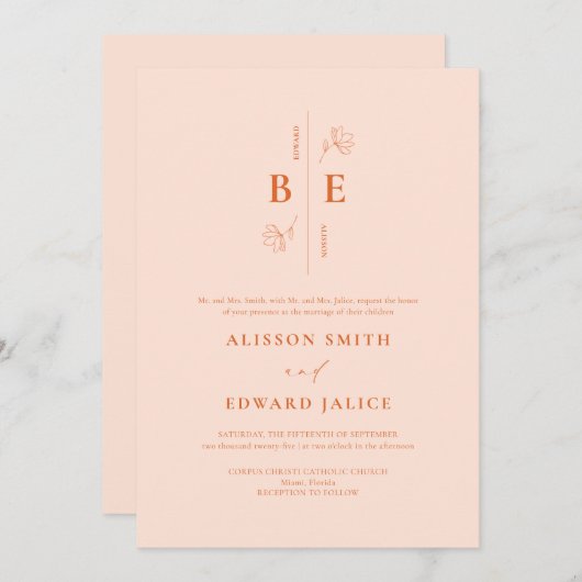 Moderne Elegante Peach Fuzz bruiloft uitnodiging (Voorkant / Achterkant)
