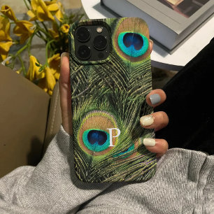 Moderne Elegante Peacock Feather Monogram Telefoon iPhone 15 Pro Max Hoesje